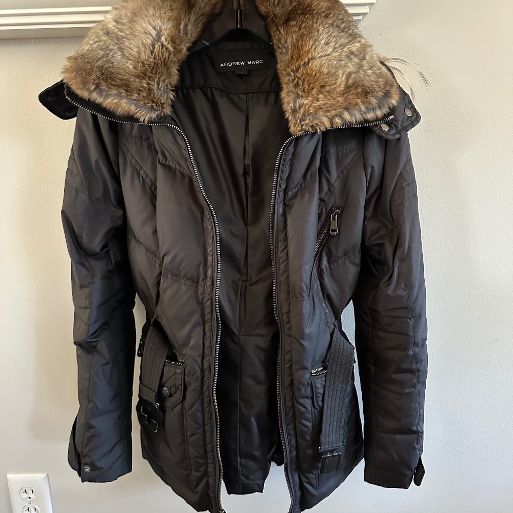 Andrew Marc Down Belted Puffer Jacket w/ Removable Fur Trim Hood Women - Black S
